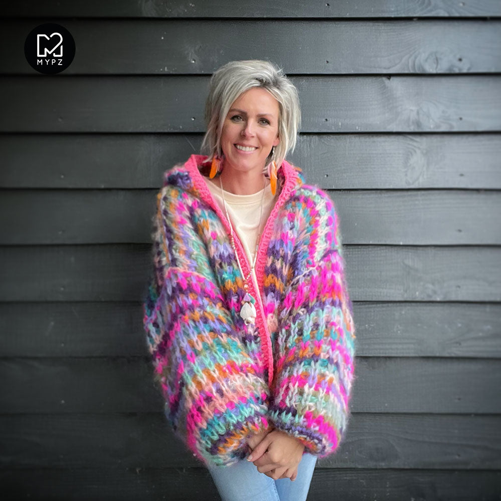 MYPZ Chunky Mohair Rib Cardigan Confetti with hoodie