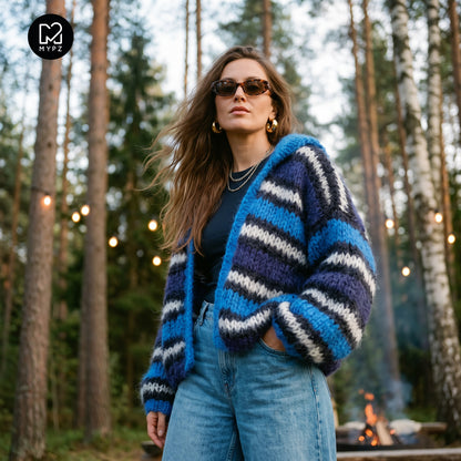 Knitting Kit – MYPZ Chunky Mohair Bomber Cardigan Blue No.15 (ENG-DE-NL-ES-FR-IT-DA-SV-NO)